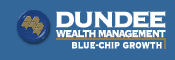 Logo for Dundee Wealth Management. A blue circle with gold abstract shapes is on the left, and the text "DUNDEE WEALTH MANAGEMENT" with "BLUE-CHIP GROWTH" underneath appears on a blue background.