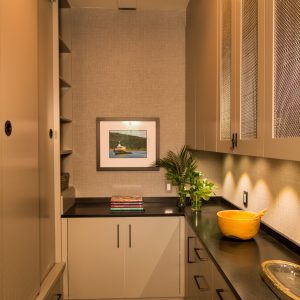 A modern laundry room with beige cabinets, black countertops, a potted plant, a yellow bowl, stacked magazines, under-cabinet lighting, and a framed boat photo on the wall.