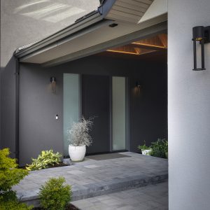 A modern house entryway with dark gray walls, a frosted glass front door, slate tile flooring, potted plants, and wall-mounted lights beside the door and walkway.