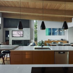 Modern open-concept kitchen and living area with wood ceiling, large island, pendant lights, dining table, and a view of trees and water through floor-to-ceiling windows and sliding glass doors.
