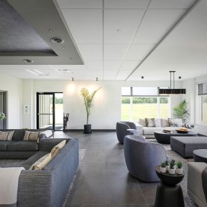 A modern, spacious lounge with grey sofas, armchairs, coffee tables, large windows letting in natural light, green plants, and contemporary lighting fixtures. The decor is minimalist with neutral tones and stylish accents.