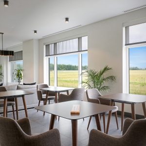 Modern lounge with gray upholstered chairs and wooden tables, large windows letting in natural light, indoor plants, and a scenic view of fields and trees outside.