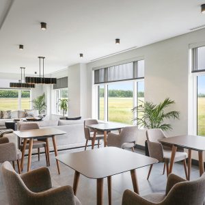 Modern, bright lounge with gray chairs and tables, large windows showing a grassy field outside, neutral decor, and potted plants, creating a comfortable, inviting atmosphere.