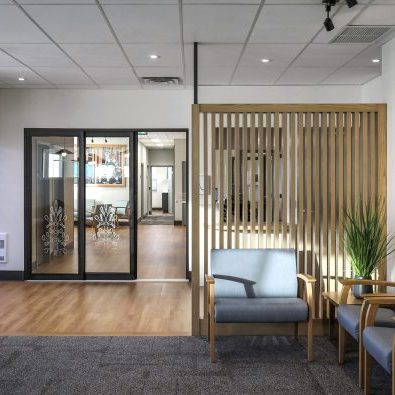 A waiting room with blue chairs, a wooden slat divider, potted plant, large painting, and glass doors leading to another area. The space is bright with natural and overhead lighting.